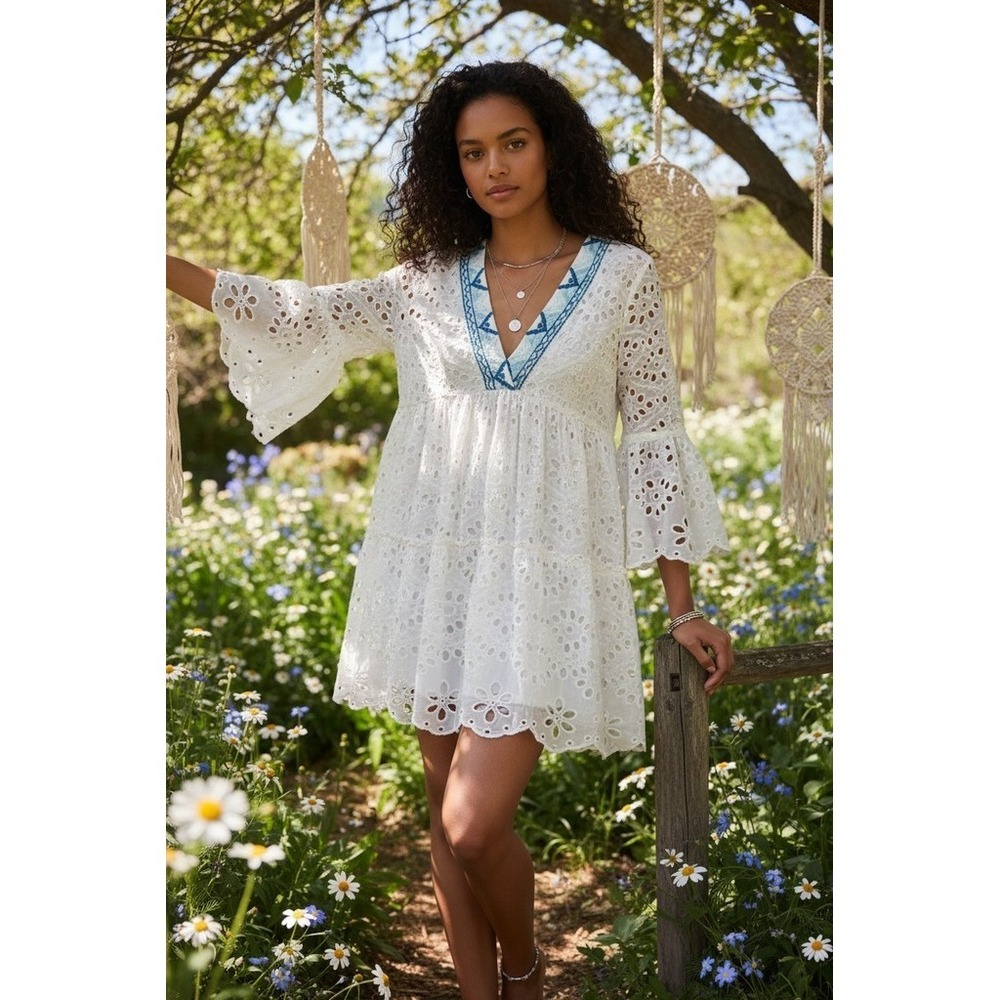 Sundance Tunic Dress Cover Up Women Petite XL White Eyelet Lace Boho Bell Sleeve